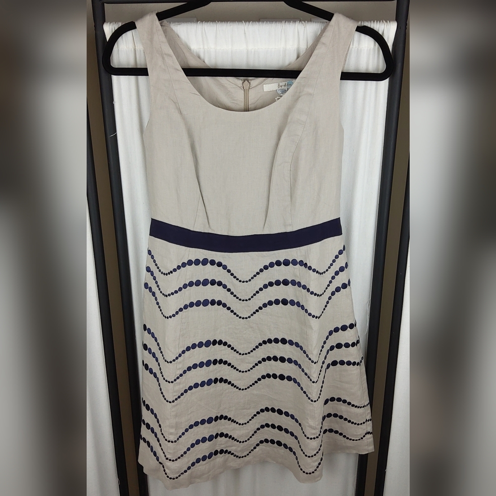 Boden Sleeveless Fit & Flare Linen Dress, Tan w/ Dark Blue Polka Dots 4P NWT